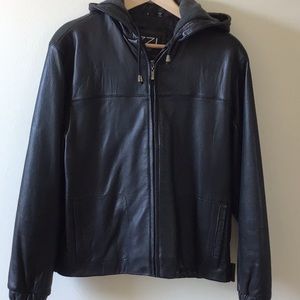 Genuine leather jacket with hood EUC